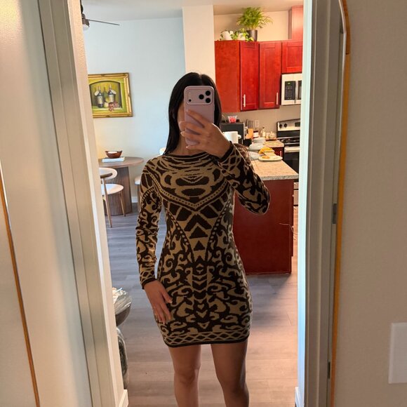 Knit Brown and Tan Long Sleeve Dress - Picture 4 of 4